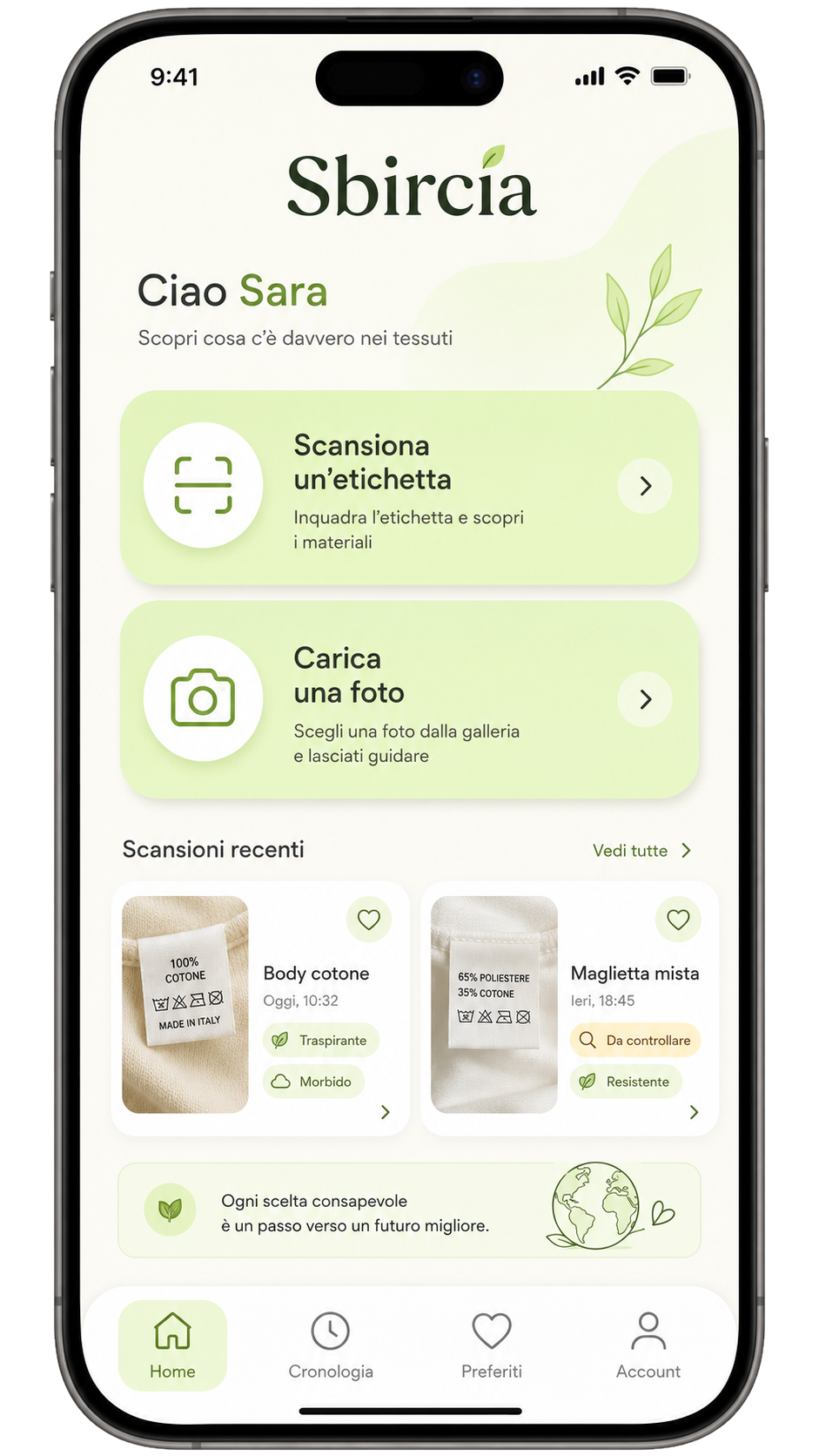 Schermata home Sbircia con scansione etichetta